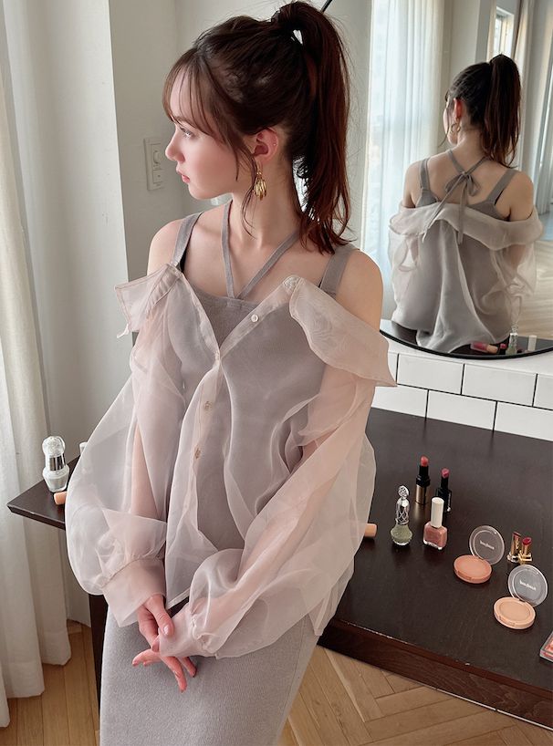 日本 GRL - 浪漫透膚吊帶針織兩件式洋裝-淺灰棕