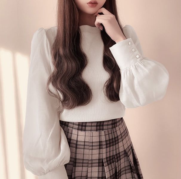 日本 GRL - 2WAY光澤蝴蝶結薄紗拼接上衣-淺灰藍