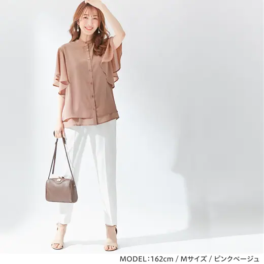 日本 BELLUNA - 浪漫大荷葉袖楊柳雪紡短袖襯衫-灰藍