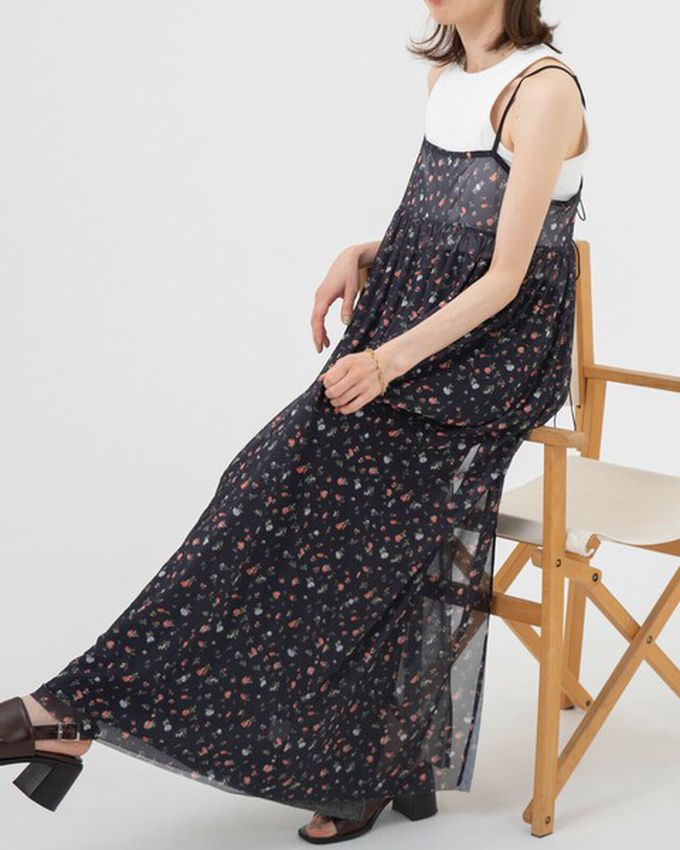 日本 gleam - 前後2way浪漫小花細肩帶薄紗洋裝-黑