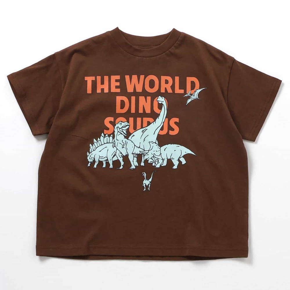 美式風格印花短袖上衣-恐龍世界-咖啡