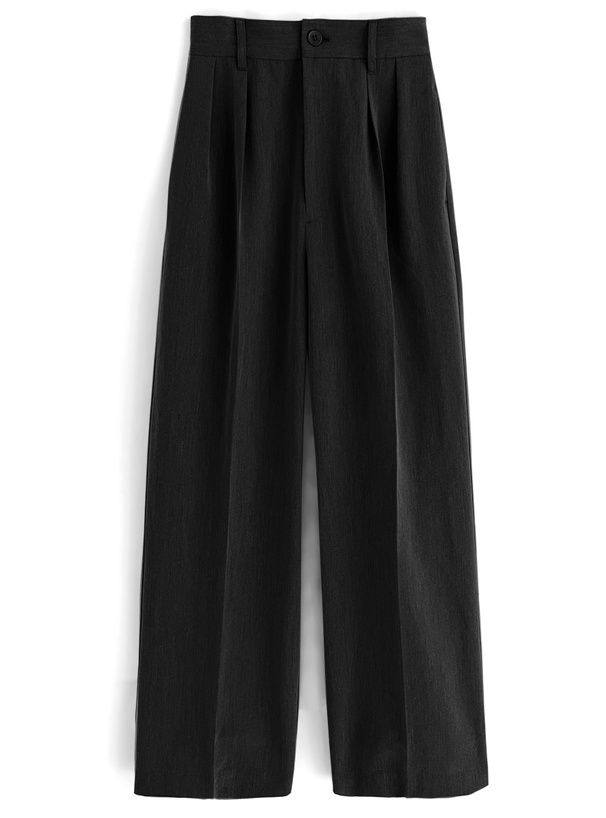 日本 GRL - 修身打褶西裝寬褲-簡約黑