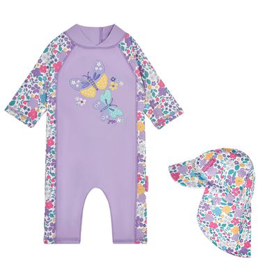 英國 JoJo Maman BeBe - 連身式泳裝+防曬護頸遮陽帽-蝴蝶蘭_JJL1999+紫羅蘭_JJL2764