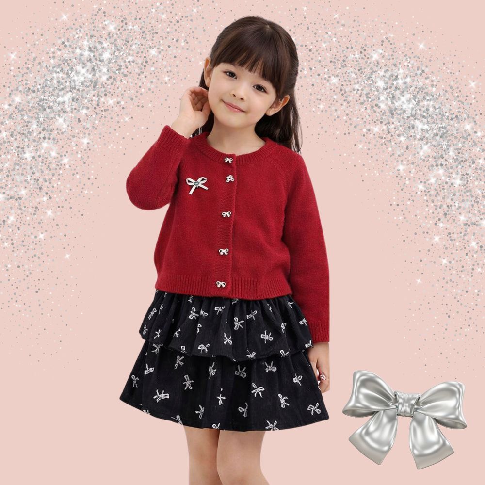 新年拜年蝴蝶結開襟毛衣蛋糕裙套裝-開襟長袖上衣＋裙子-質感紅色