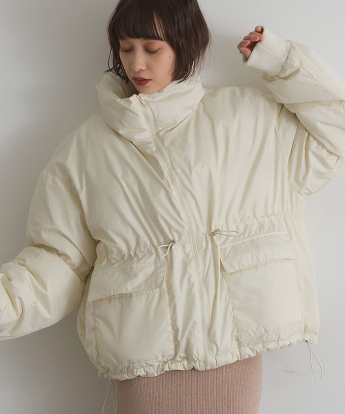 日本 ELENCARE DUE - 蓬鬆袖立領腰抽繩科技羽絨保暖外套-黑