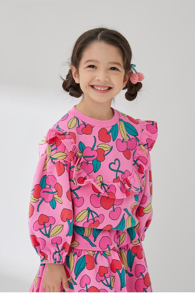 韓國 OZKIZ - 愛心櫻桃內磨毛長袖短裙套裝-桃粉