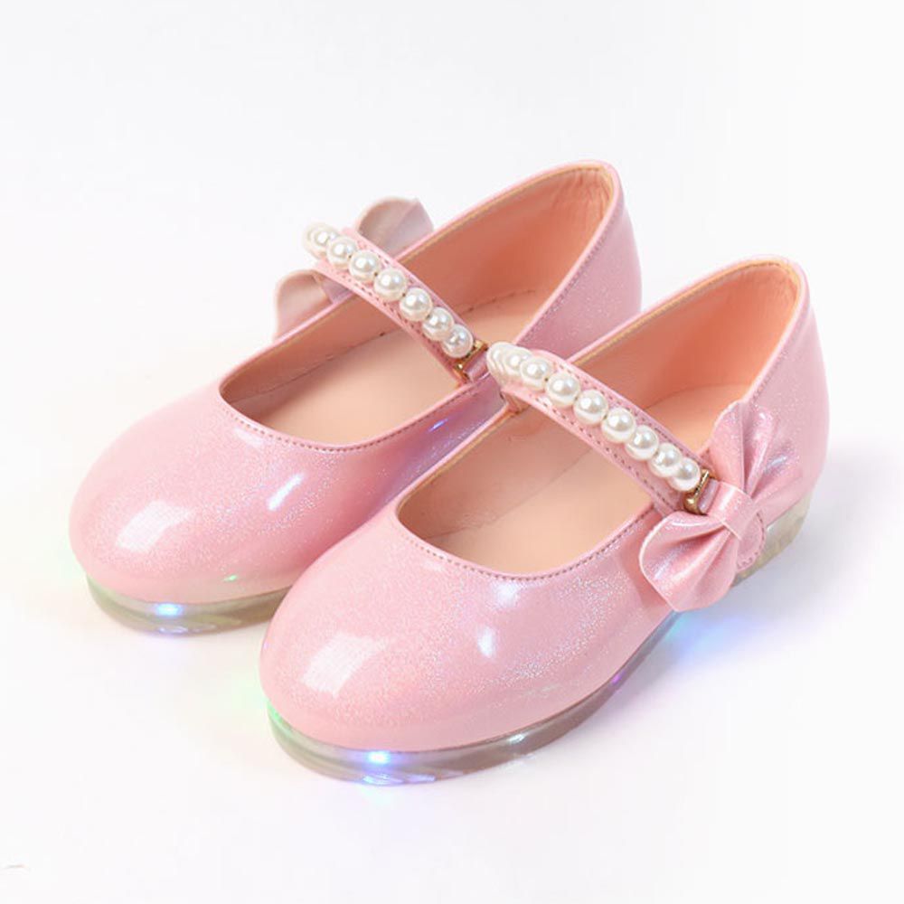 韓國 OZKIZ - (LED)珍珠裝飾漆皮矮跟皮鞋-粉