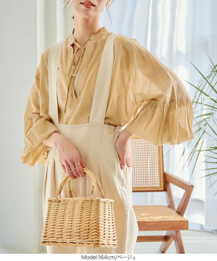日本 Kobe Lettuce - 微透感文藝綁帶泡泡袖上衣-米白
