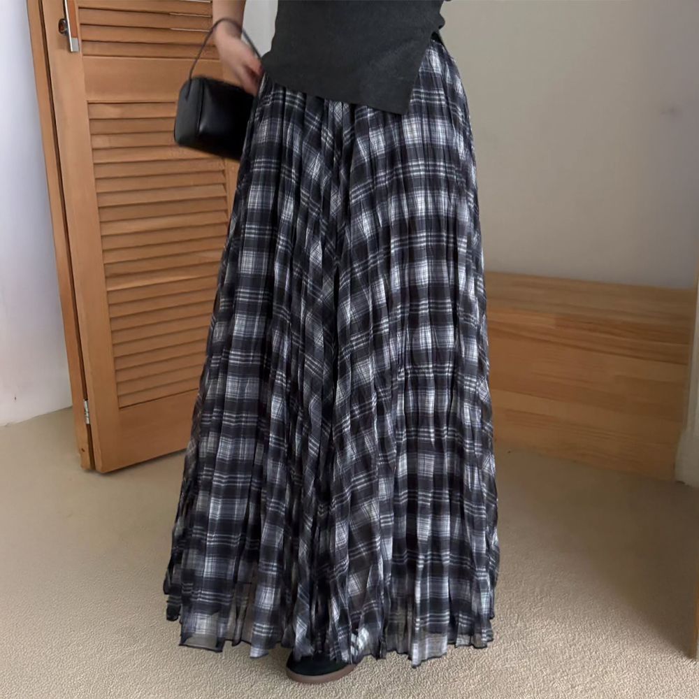 鬆緊腰復古格紋壓褶飄逸長裙-黑X白 (FREE)