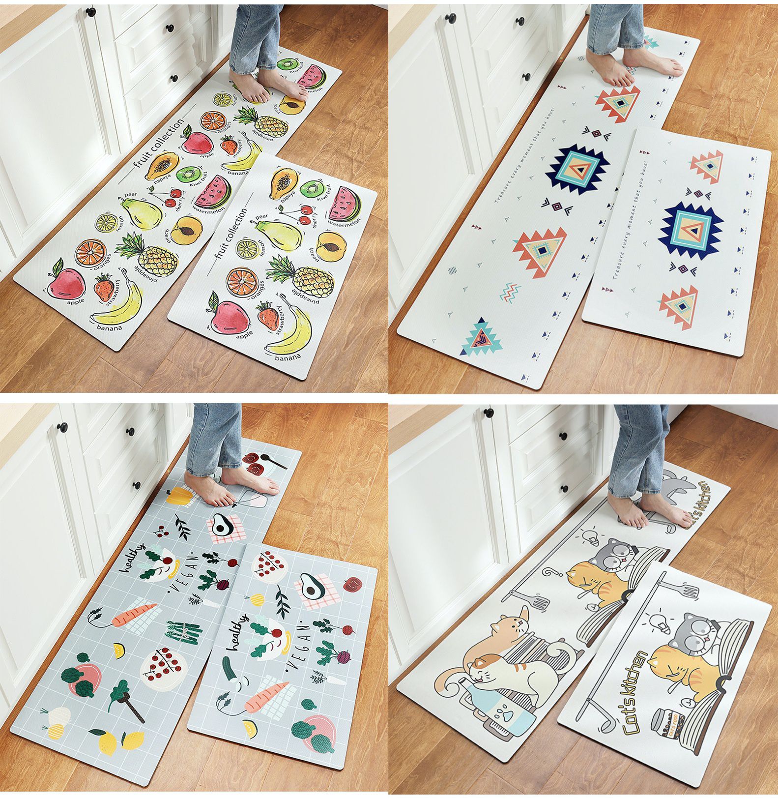 廚房仿皮革PVC防水腳踏墊-簡約英文-白色