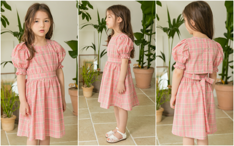 韓國 Merry Kate - (剩XL)公主泡泡袖氣質格紋洋裝-橘