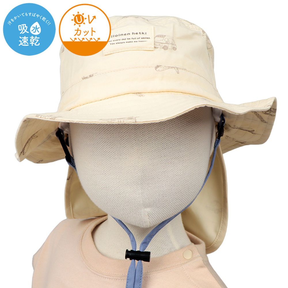 漁夫帽 附防曬遮陽布-滿版印花 吸水速乾-米白色