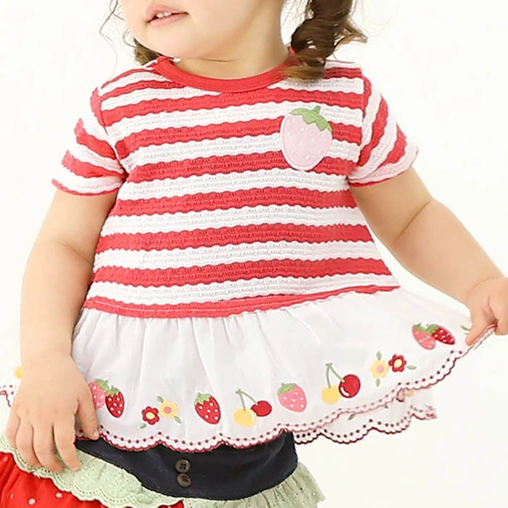 甜蜜草莓緹花條紋可愛刺繡上衣-紅