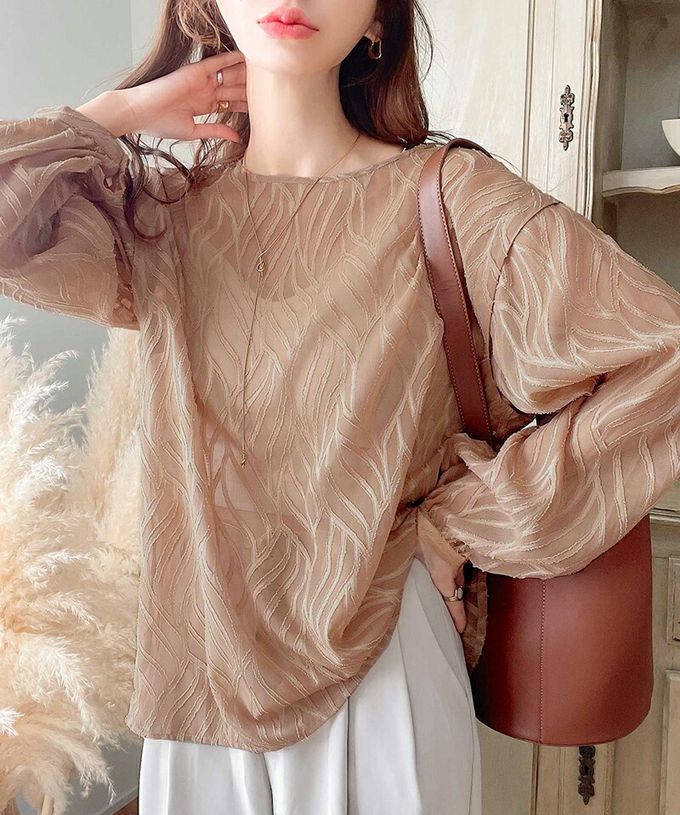 日本 Classical Elf - 波光粼粼刺繡透膚2way長袖襯衫-淺米杏