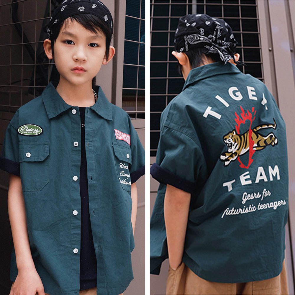 純棉率性短袖襯衫-老虎-灰綠