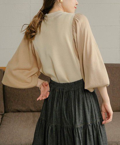 日本 Bou Jeloud - 細針織拼接泡泡袖上衣-淺卡其