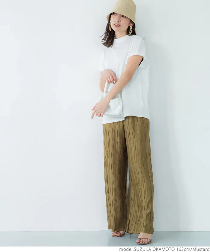 日本 COCA - [可剪裁] 百搭波浪紋垂墜寬褲-草綠