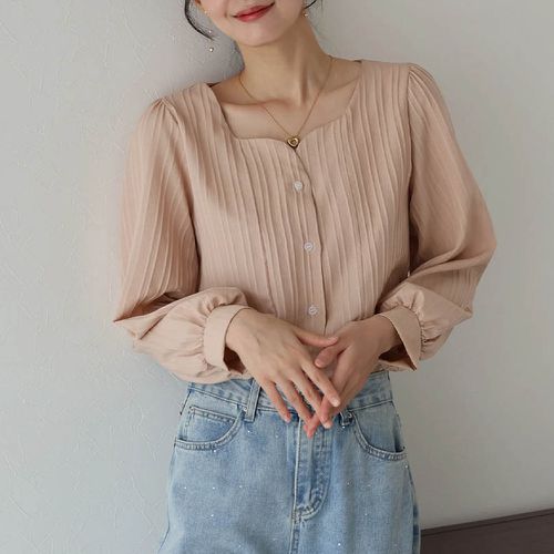 甜美心型領線條紋理長袖襯衫-杏橘