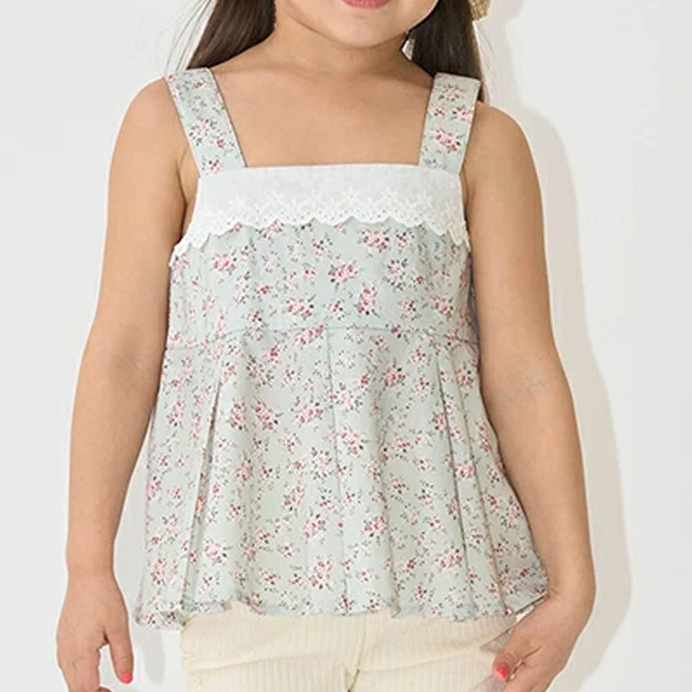 100%棉 胸前蕾絲印花吊帶背心-小花-淺綠