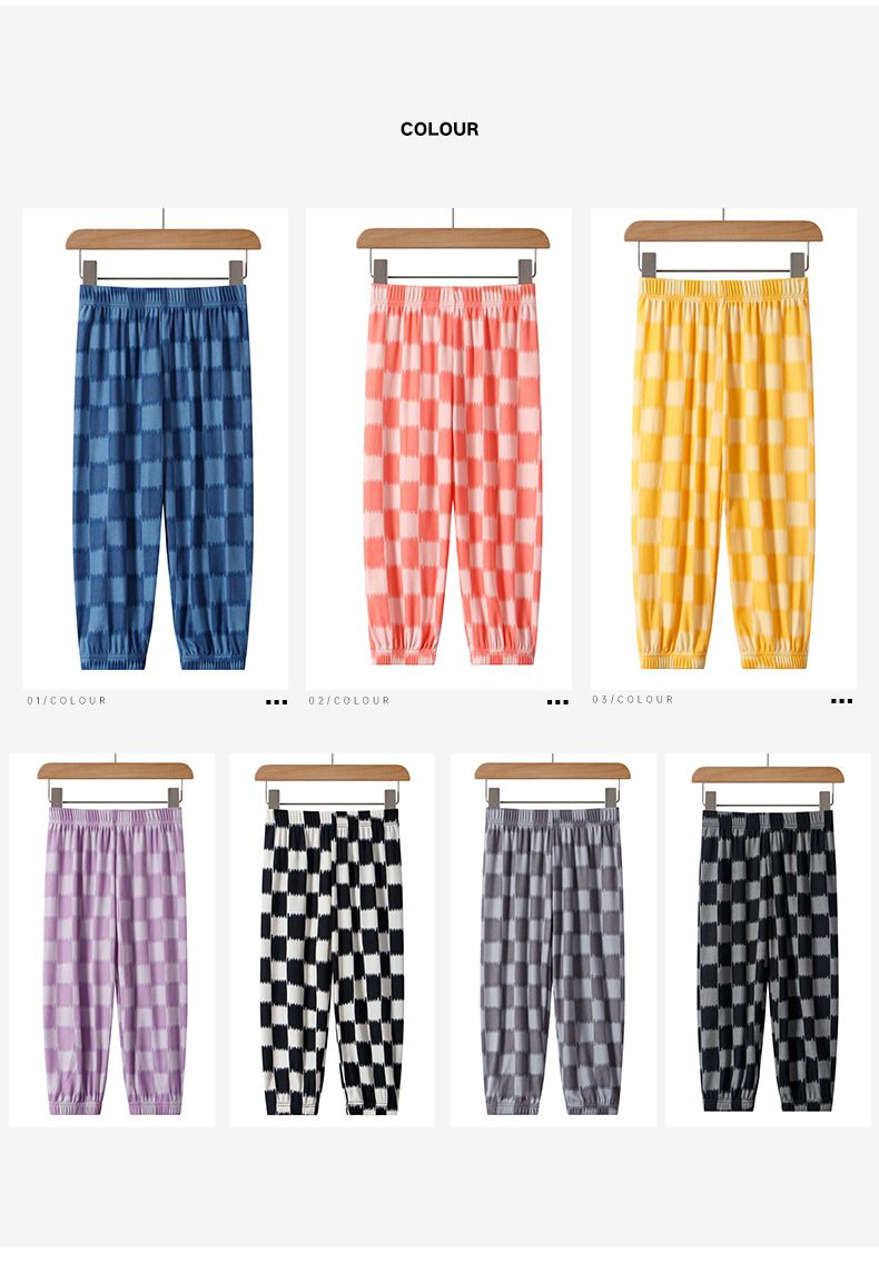 涼感透氣百搭防蚊褲/空調褲-大大格紋-黃色