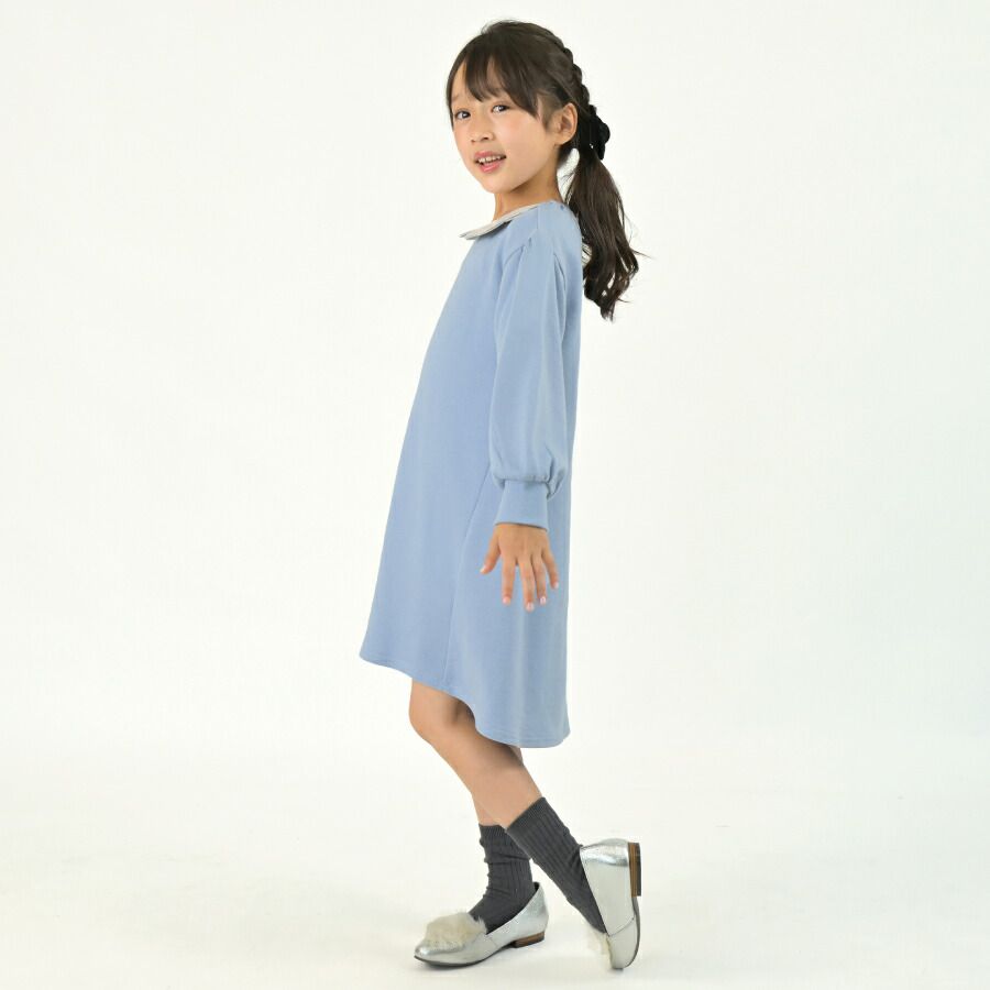 日本 evercloset - 浪漫花朵領刷毛長袖洋裝-薰衣草