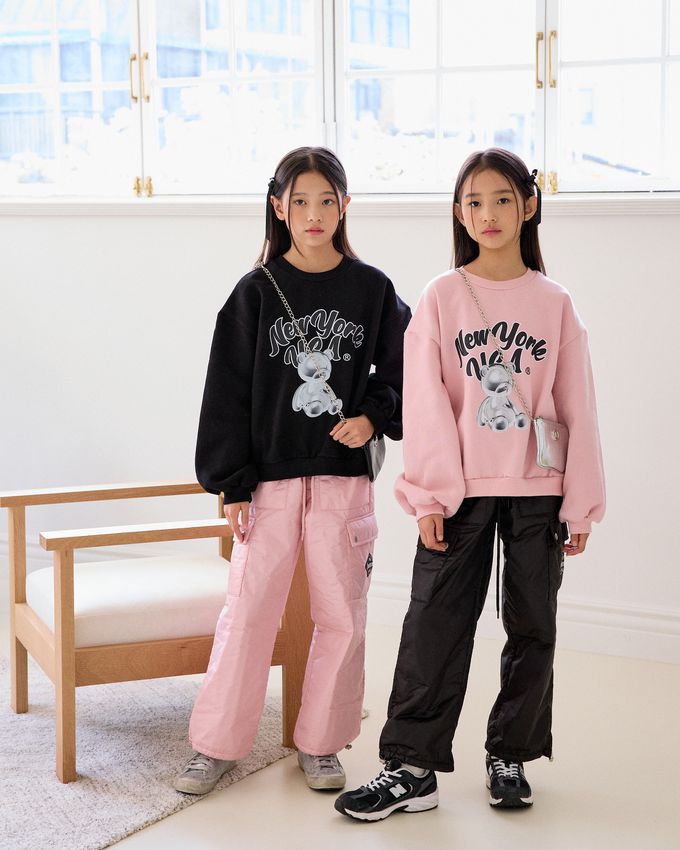 韓國 sm2 - (內磨毛)銀色小熊印長袖大學T-黑