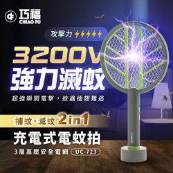 巧福 CHIAO FU - 充電式電蚊拍 (手持+直立+壁掛) UC-723-尺寸：23×43.5×3 cm，實體重量：289 g