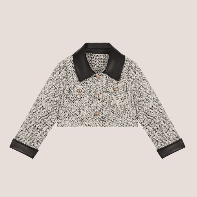法式輕奢小香風花呢仿皮革領袖口短版夾克 女童小香風帥氣夾克