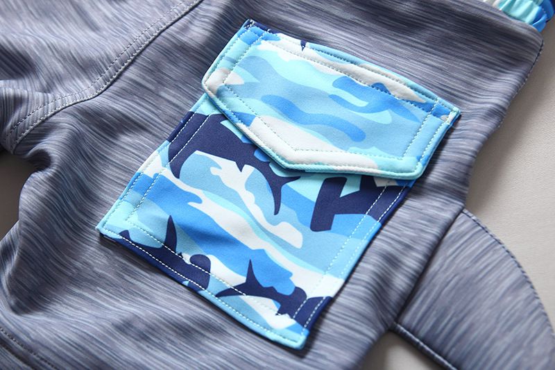 男寶長袖泳裝套裝(附帽子)-大嘴鯊魚-淺藍+灰