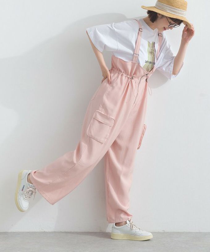 日本 Lupilien - 柔軟可愛抽繩束腰工裝風吊帶褲-粉紅