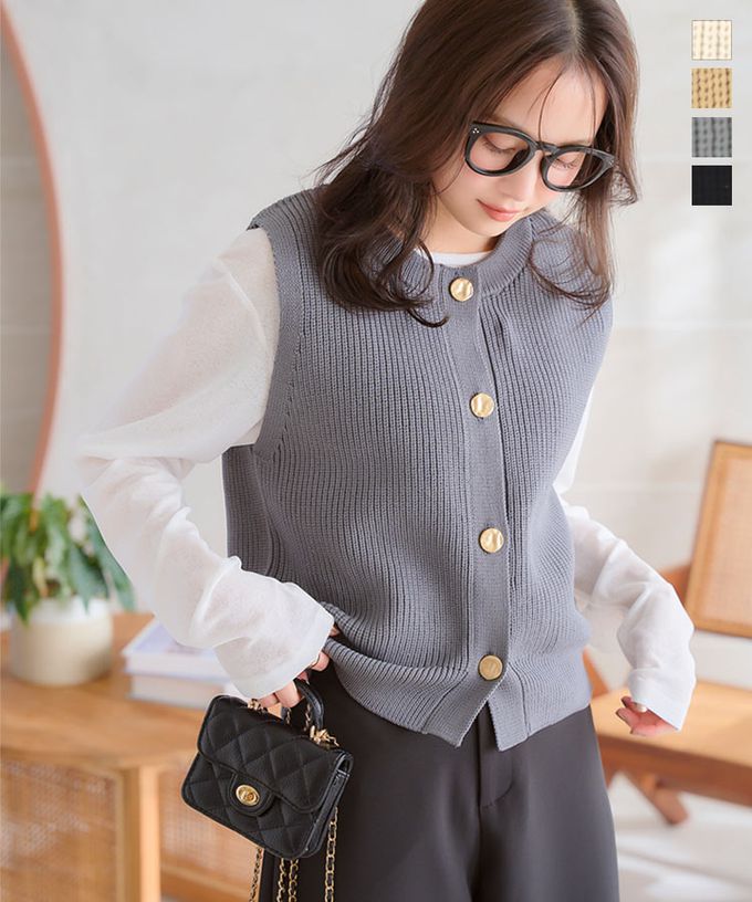 日本 Kobe Lettuce - 層次穿搭 粗針織金釦短版背心-黑