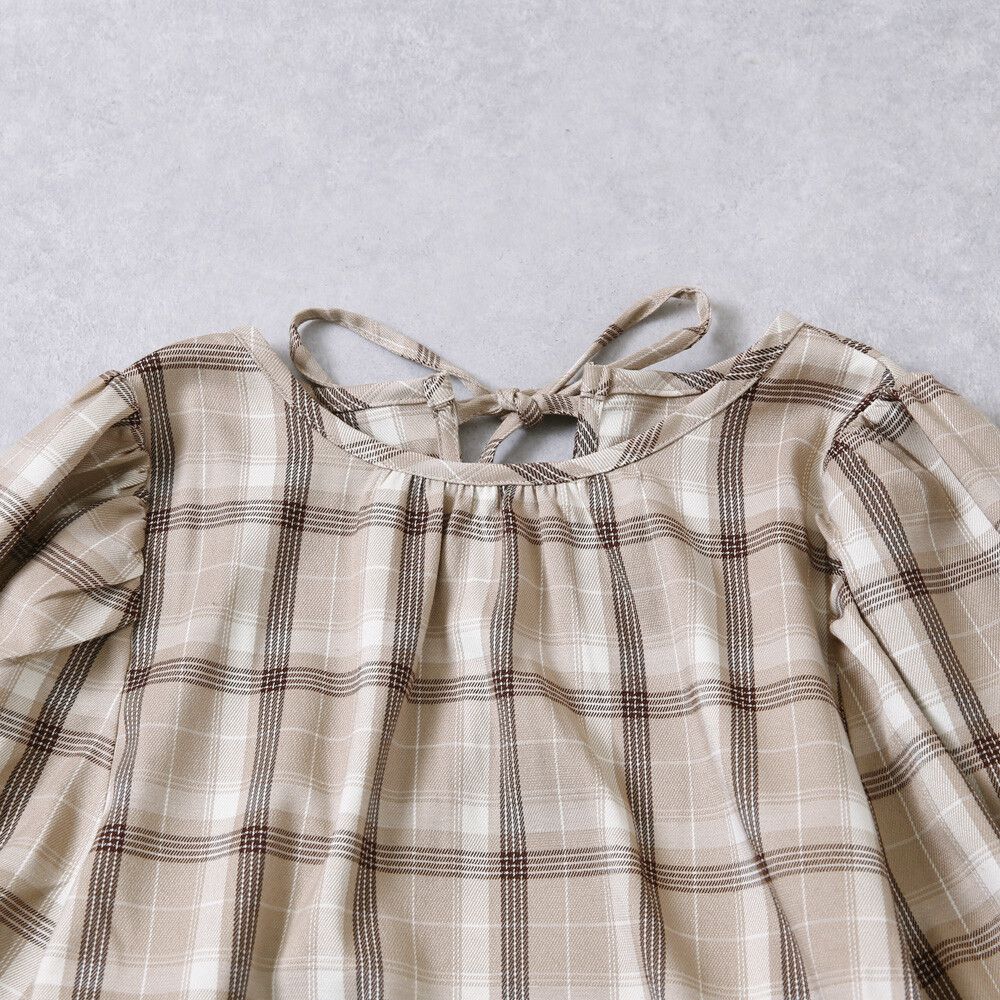 日本 Rejoule - 復古格紋綁帶澎澎袖上衣-深藍X咖格紋 (M(Free size))