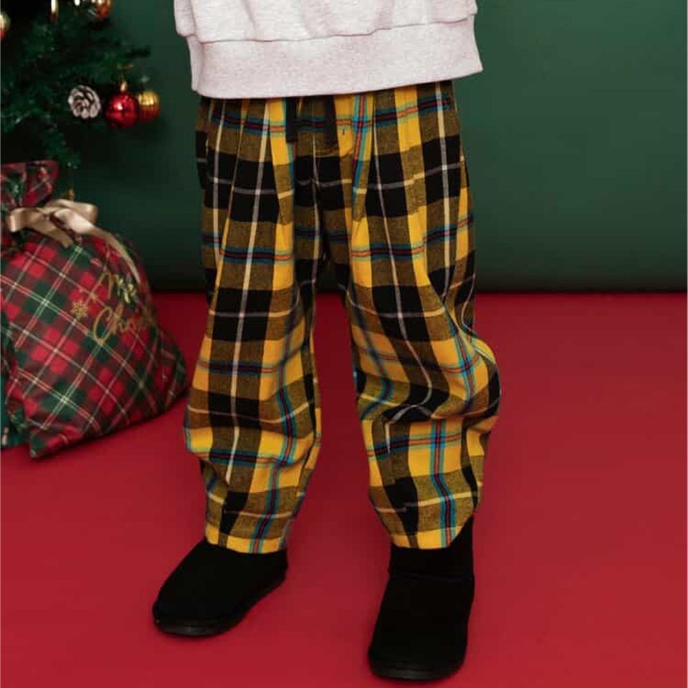 [聖誕限定]純棉夢幻格紋寬版長褲-亮眼黃