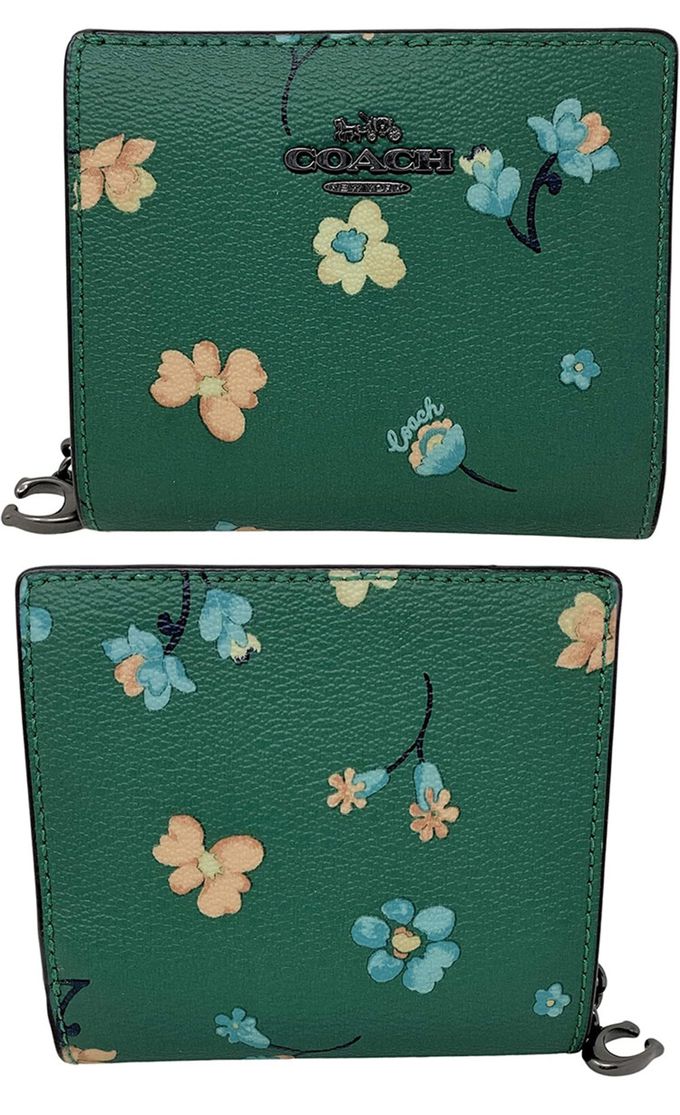COACH - 花卉印花皮革短夾 (綠色)