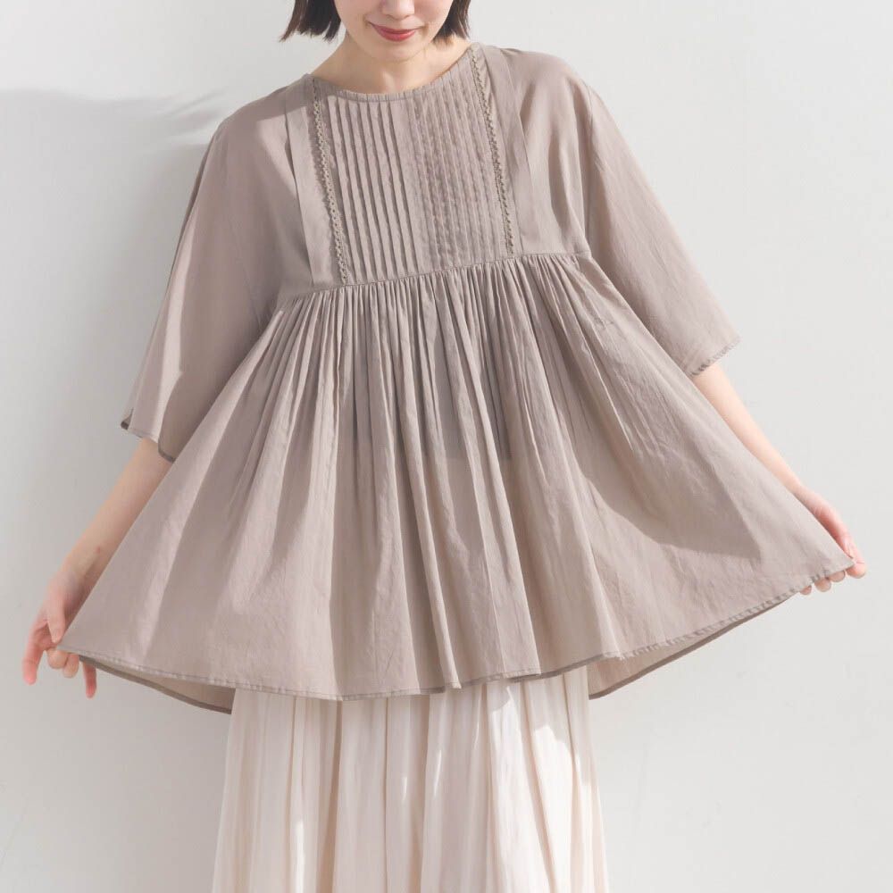 純棉巴里紗柔美皺摺寬袖上衣-灰棕