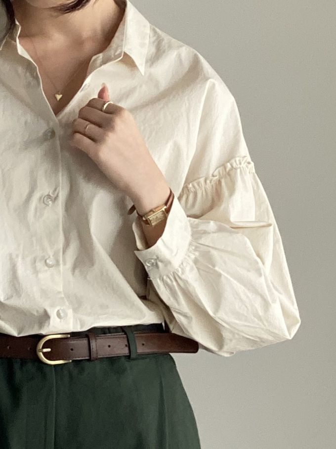 韓國女裝連線 - 極簡拼接翻領長袖襯衫-米杏 (FREE)