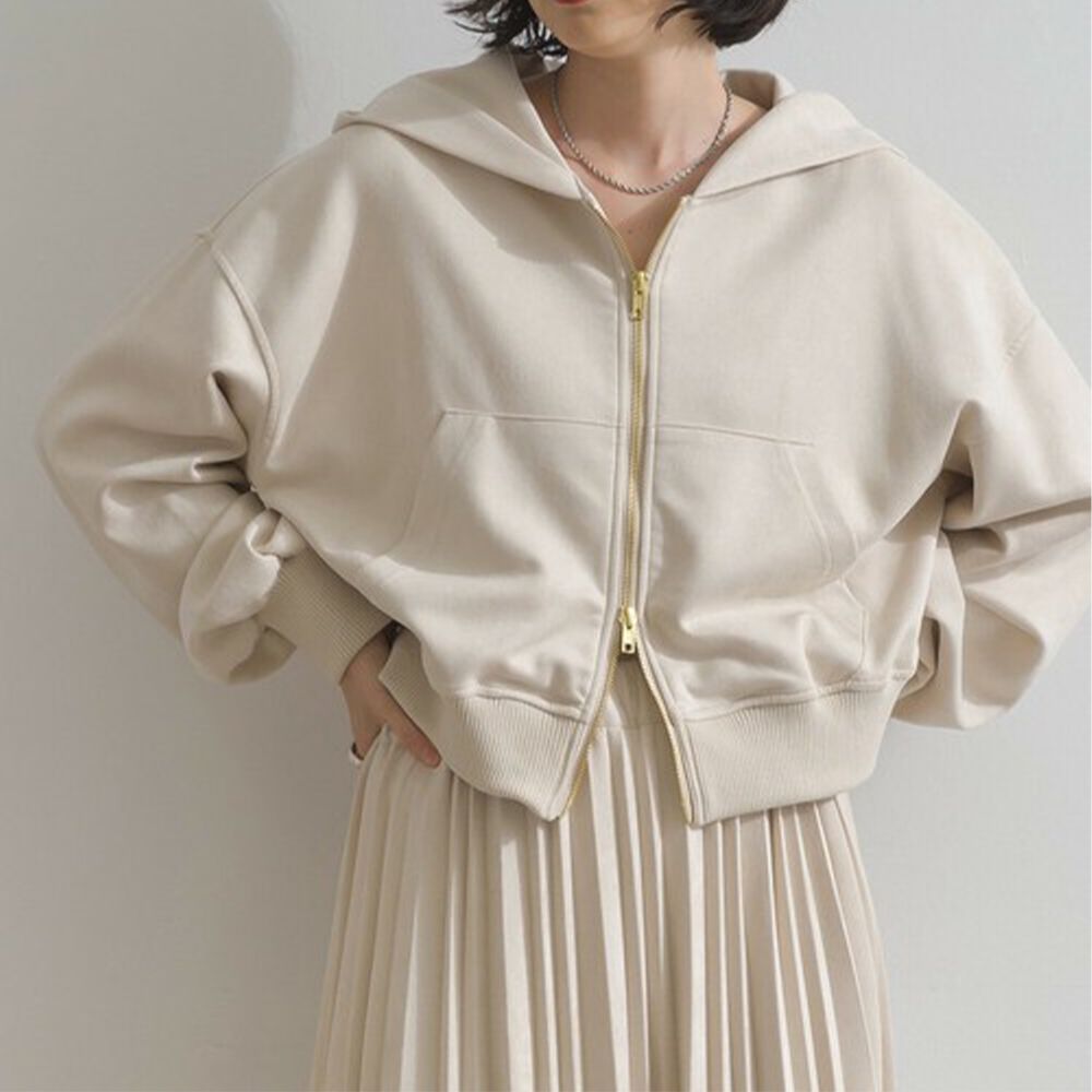 輕盈絨皮感雙拉鏈短版連帽外套-象牙米