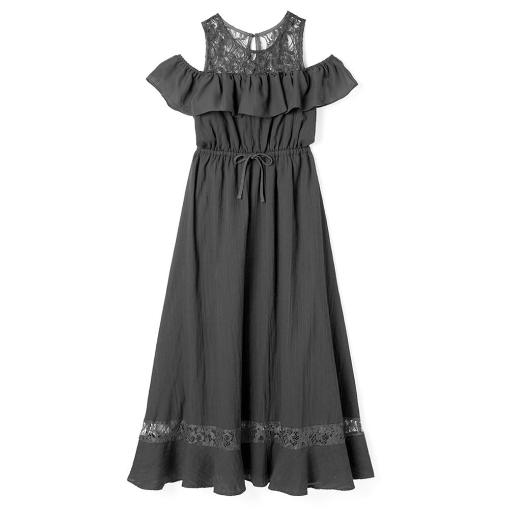 日本 GRL - (剩M)度假風蕾絲荷葉平口長洋裝-時尚黑