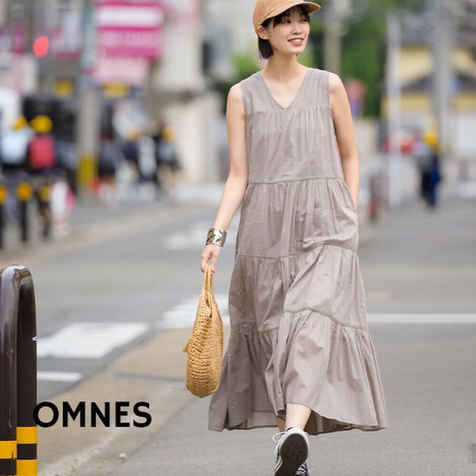 日本 OMNES - 100%印度棉 巴里紗分層V領無袖洋裝-咖啡