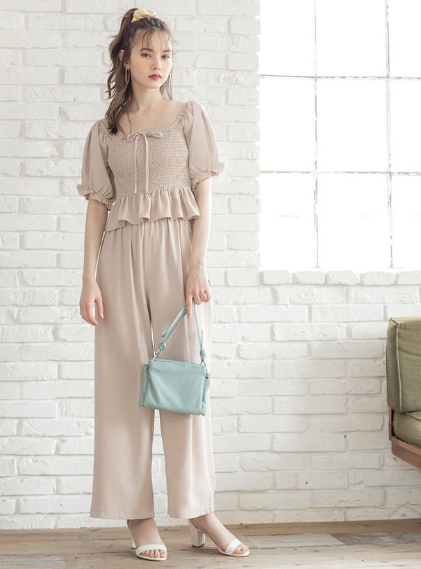 日本 GRL - 蝴蝶結方領泡泡短袖長褲套裝-氣質米