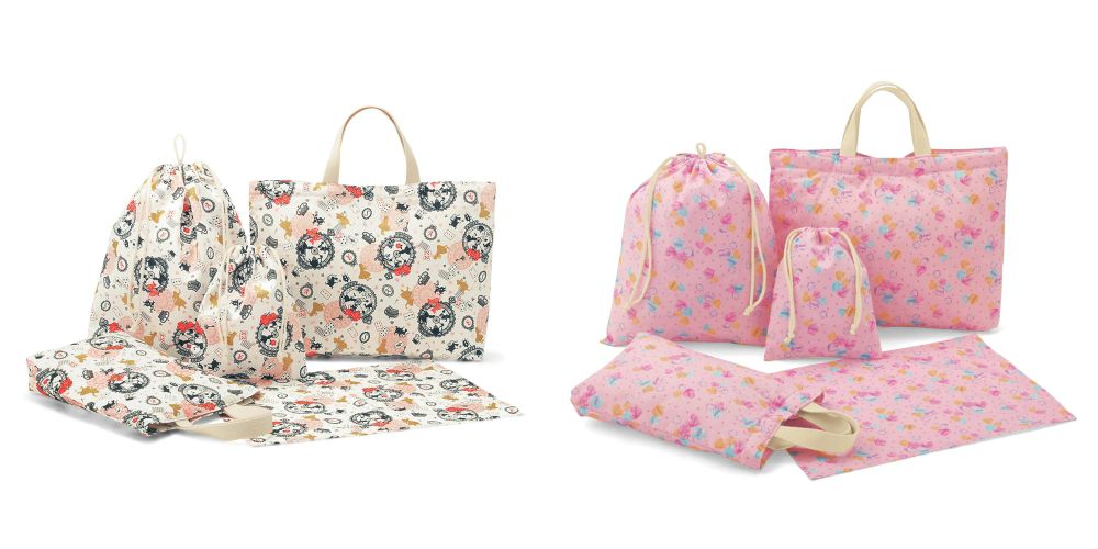 日本千趣會 - 日本製 多功能上學提袋五件組-花朵-灰粉