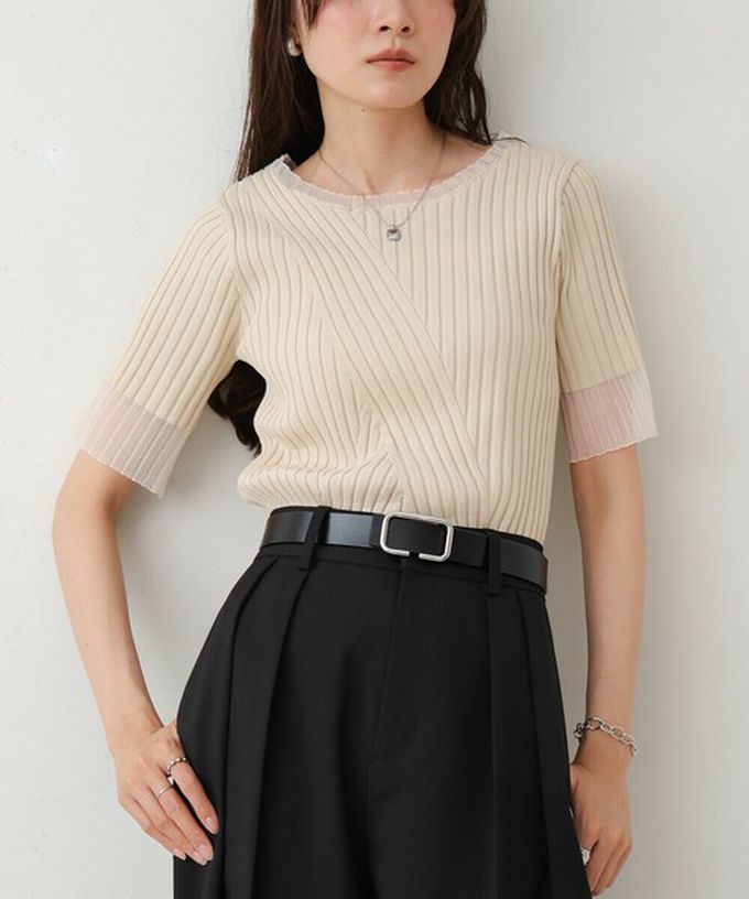 日本 Bab - 柔美異材質顯瘦羅紋五分袖上衣-炭灰