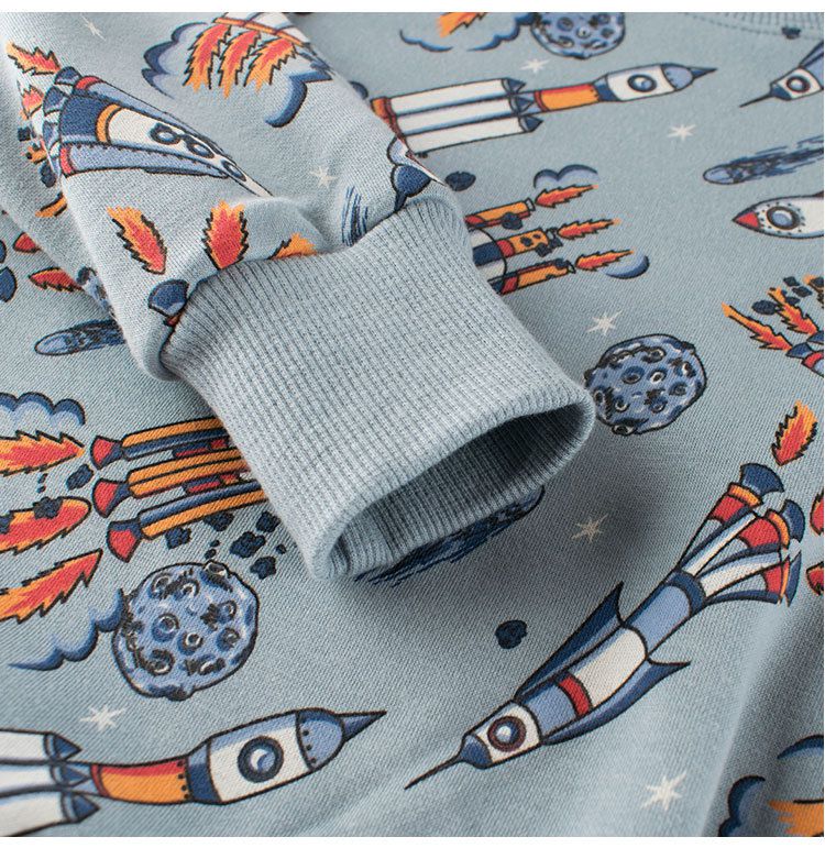 加絨棉質圓領長袖上衣/大學T-飛天火箭-藍灰色