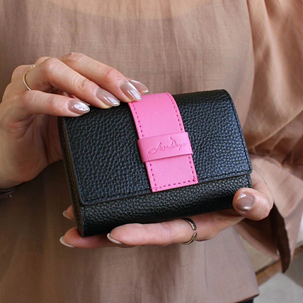 真皮迷你三折配色風琴短夾-黑x桃紅