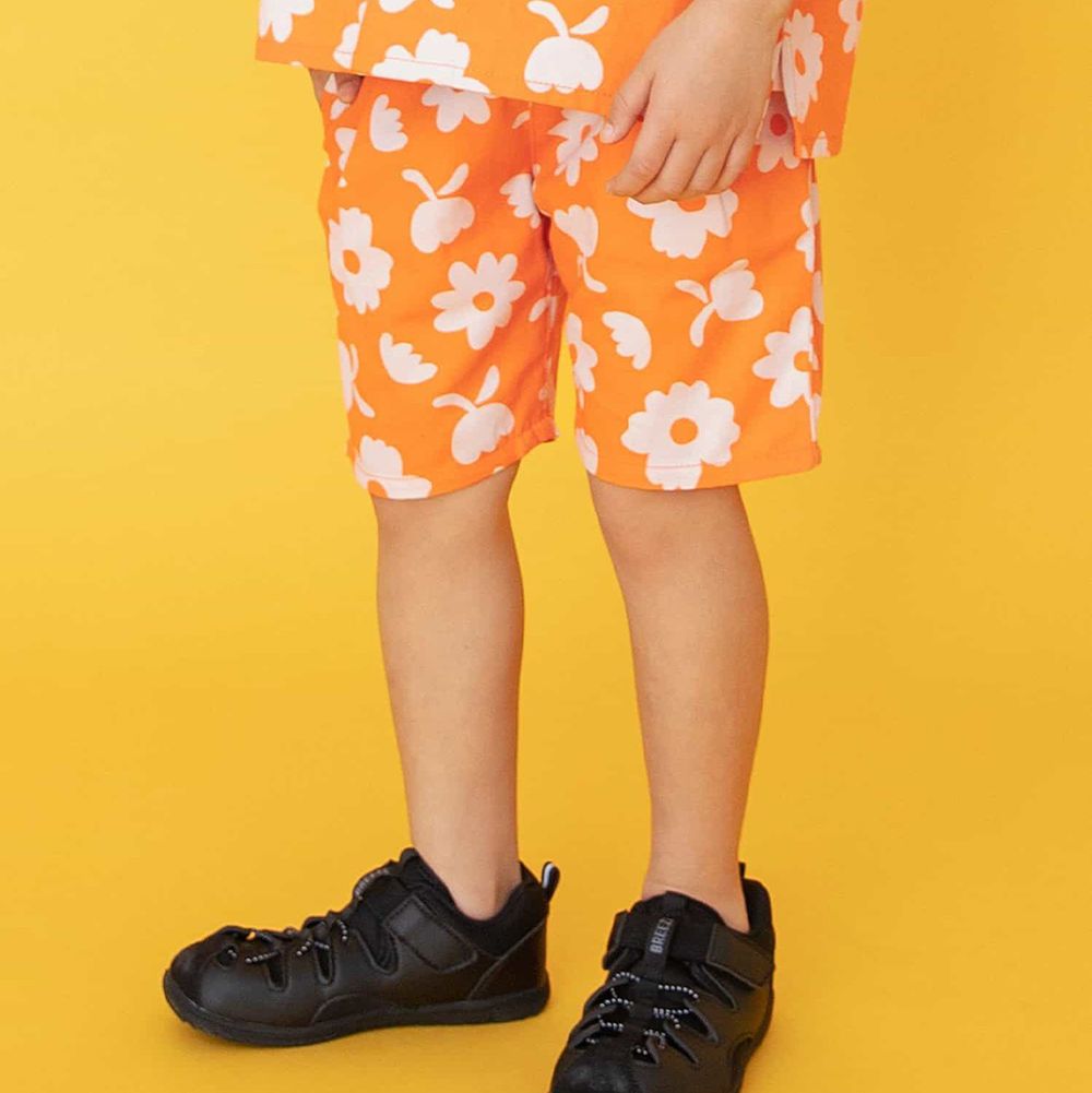 經典必收印花廚師短褲-白色花朵-橘