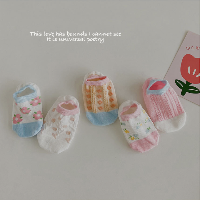 love, charlotte - 馬卡龍色粉嫩小花網眼隱形棉襪-5 雙一組