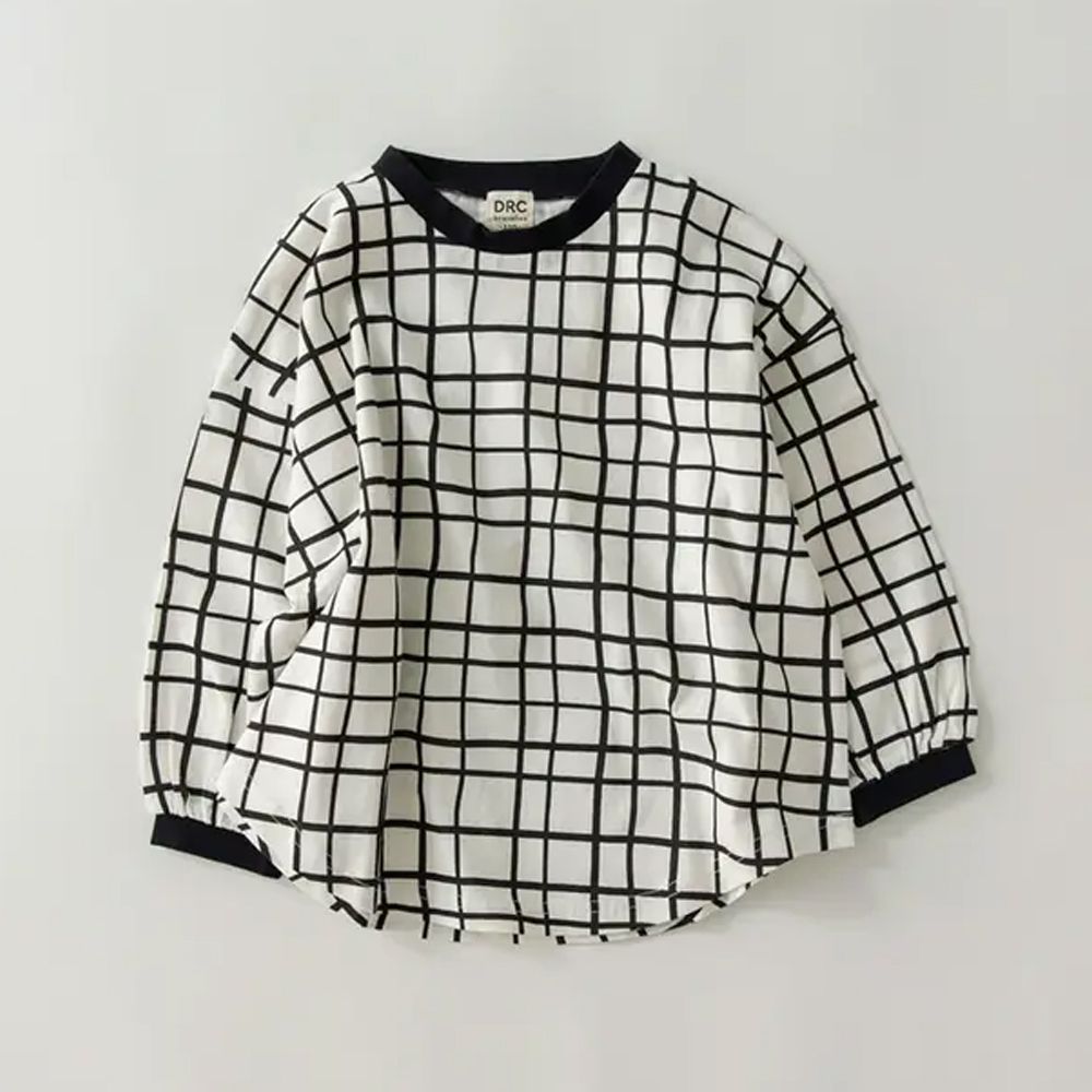 圓弧下擺舒適縮口長袖上衣-格子-黑