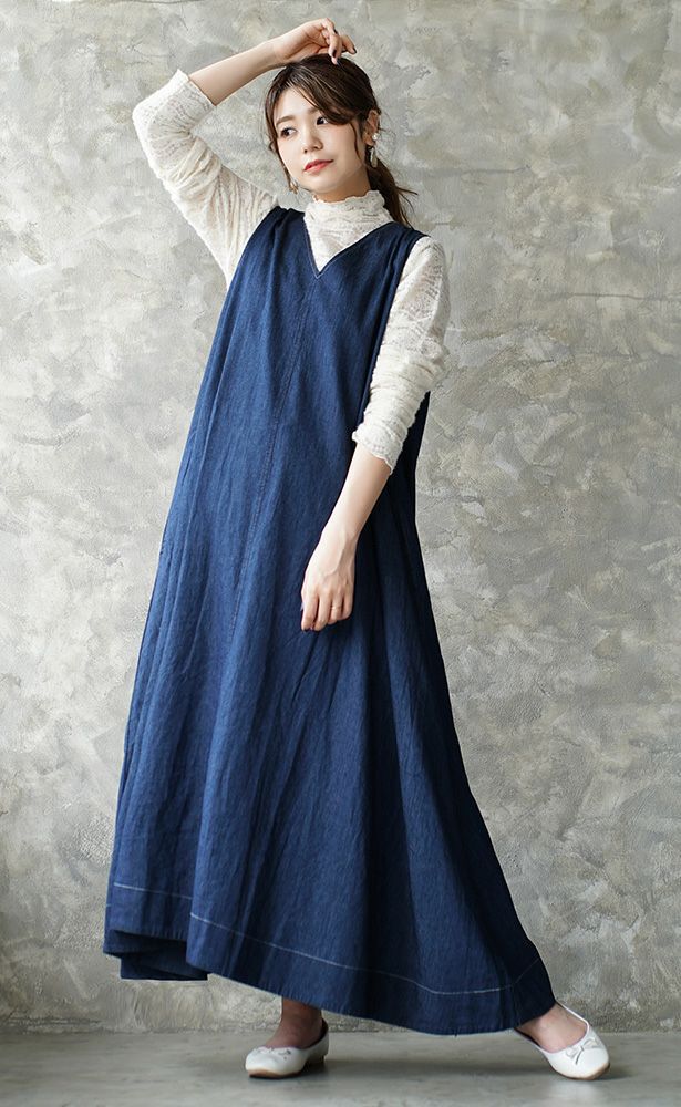 日本 zootie - 透氣丹寧V領無袖洋裝/背心裙-靛藍