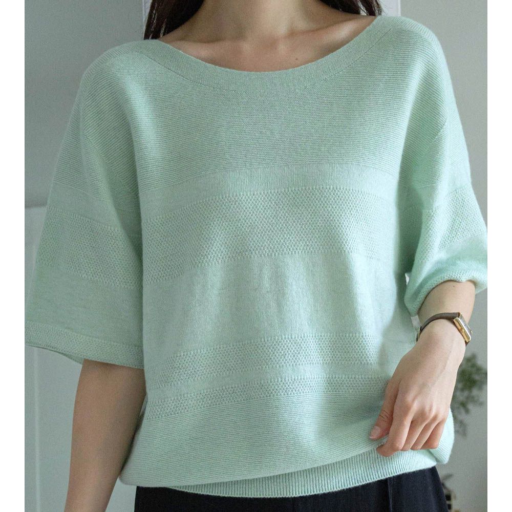 細緻喀什米爾羊毛五分袖無縫針織上衣-湖水綠 (FREE)