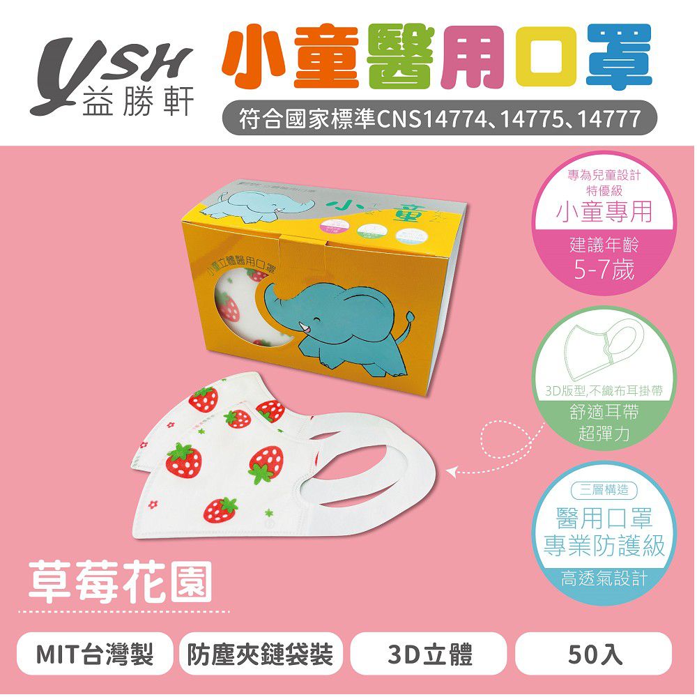 小童/兒童醫療級3D立體口罩/台灣製-草莓花園 (16x11cm-建議5-7歲)-50入/盒(未滅菌)